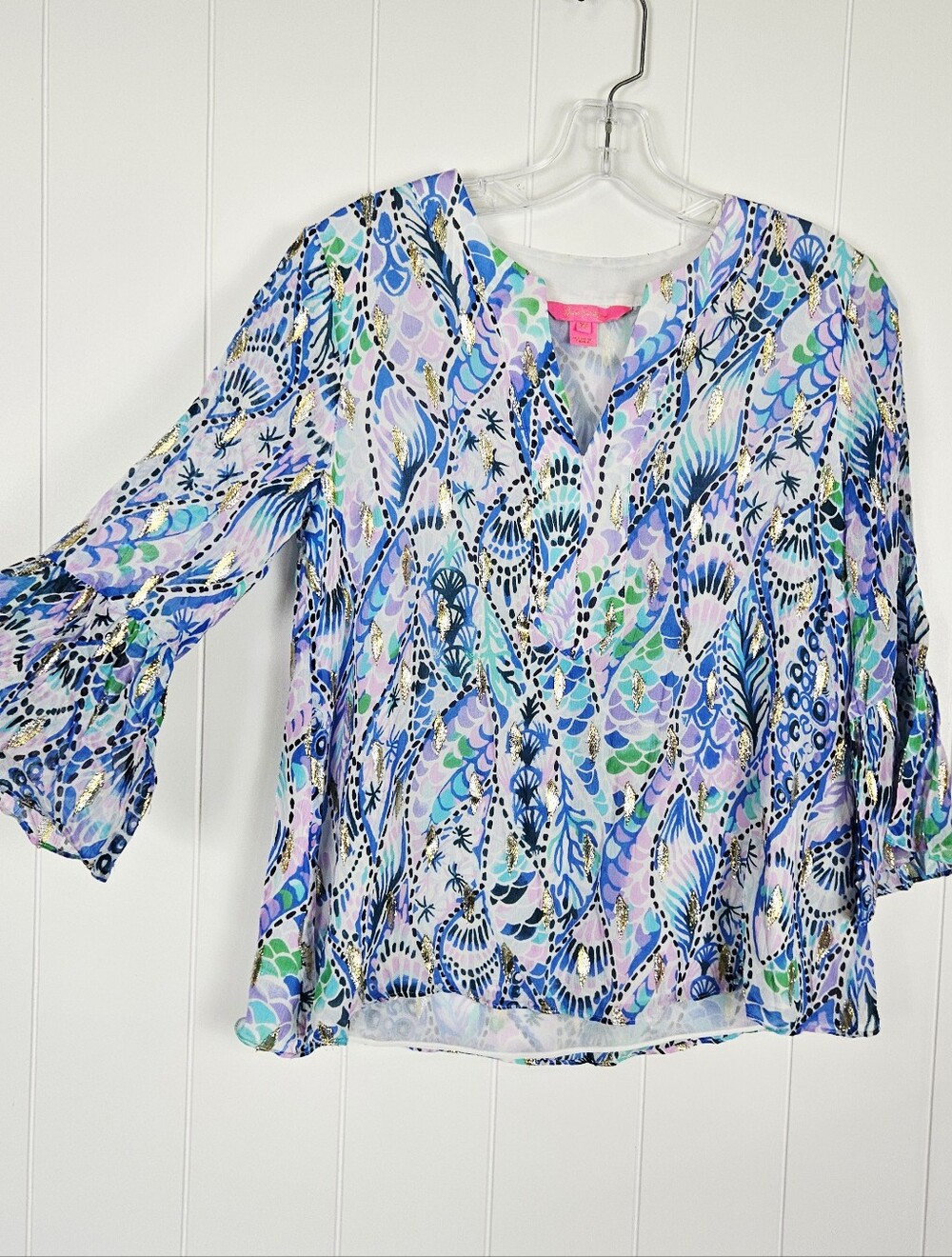 Lilly Pulitzer Elenora Blouse Silk Metallic Bell Sleeves Womens XS Blue Purple
